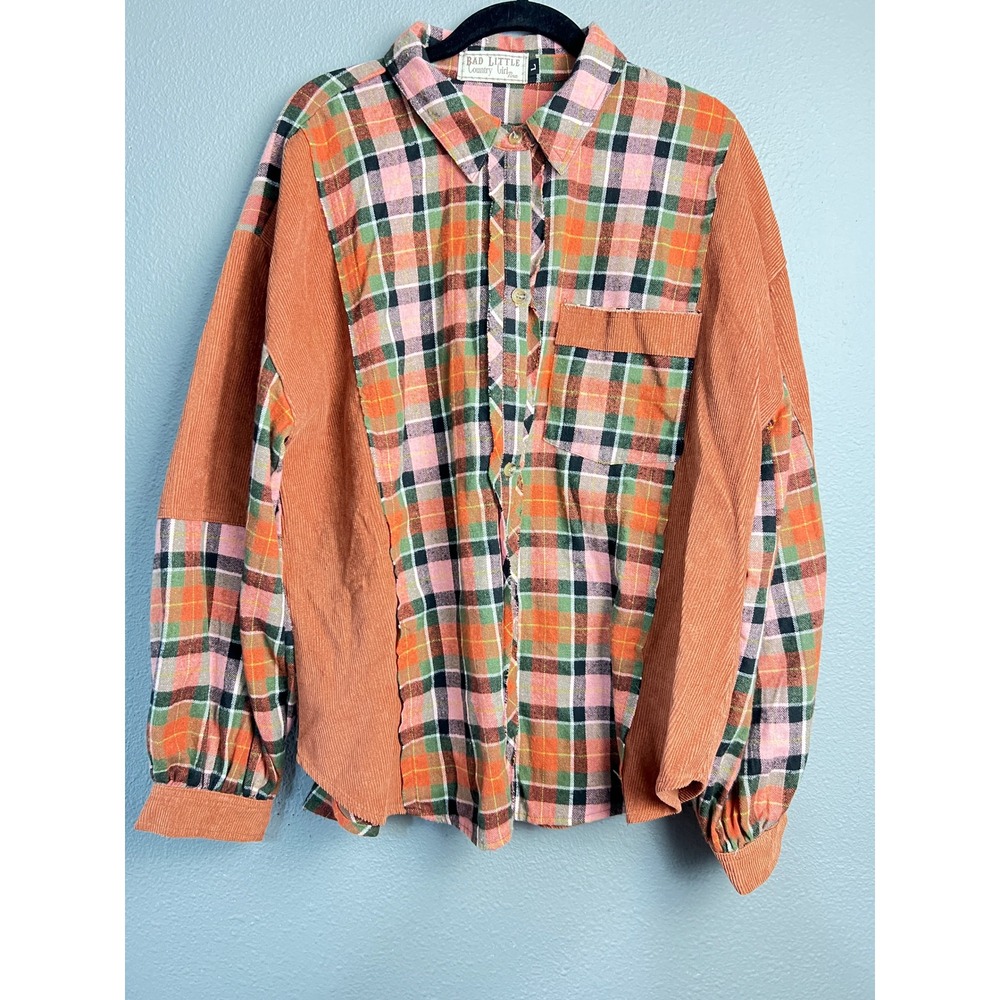 Bad Little Country Lg Girl Tina Plaid Corduroy Mixed Media Button Country Shirt